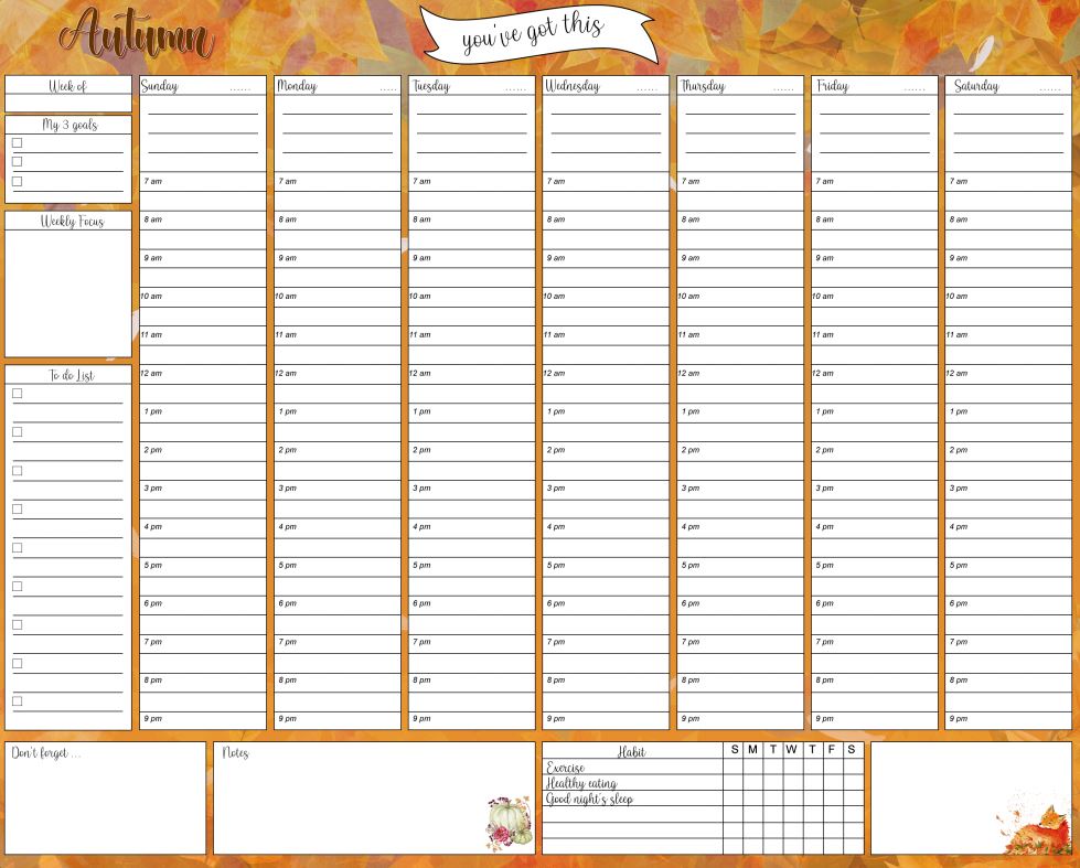 Watercolor Autumn Printable Weekly Planner Work, desk planner, weekly agenda, week organizer, A4 and US Letter Planner, Insert Printable Planner, Instant Download