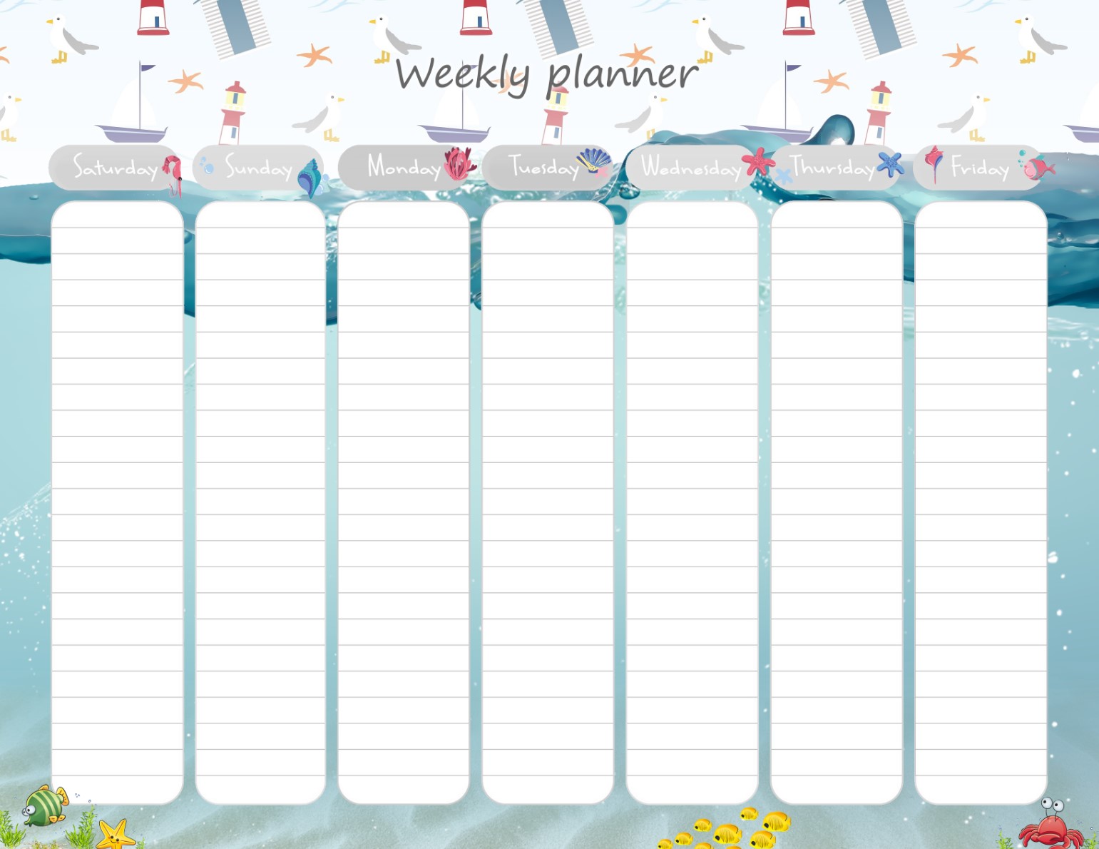 Printable Sea Daily Planner Work, A4 and US Letter Planner, Insert Printable Planner, Instant Download