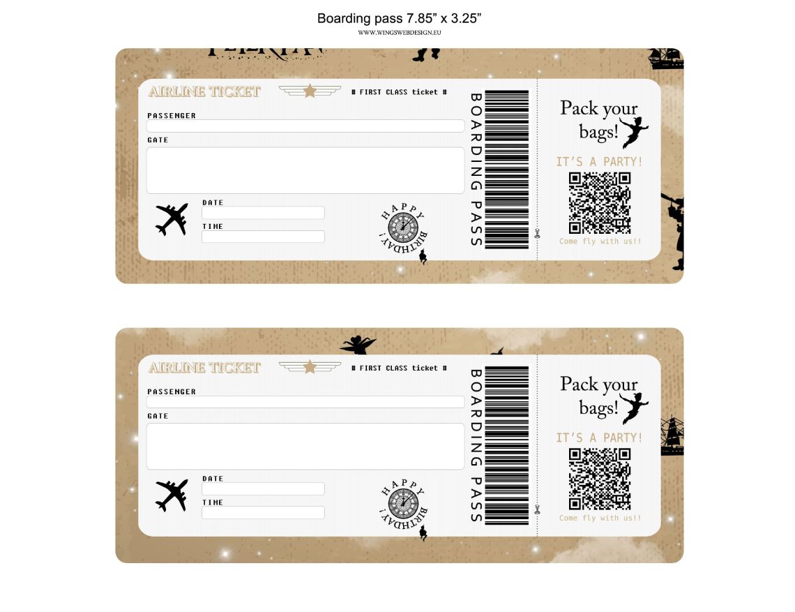 Neverland and Peter Pan Boarding Pass Invitation